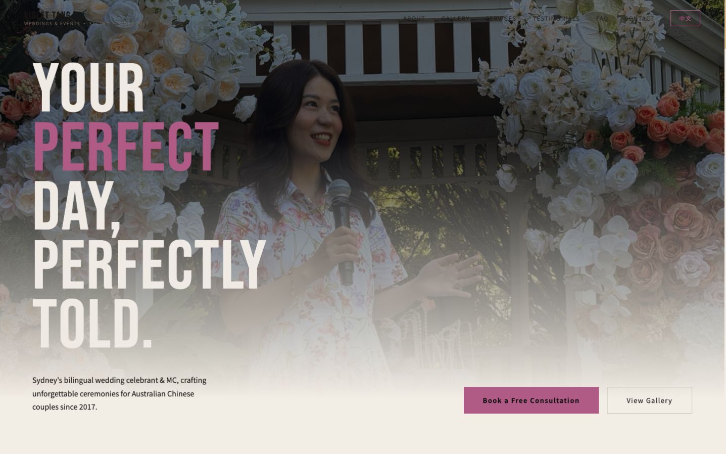 Desktop view of the Very Special bilingual wedding celebrant website